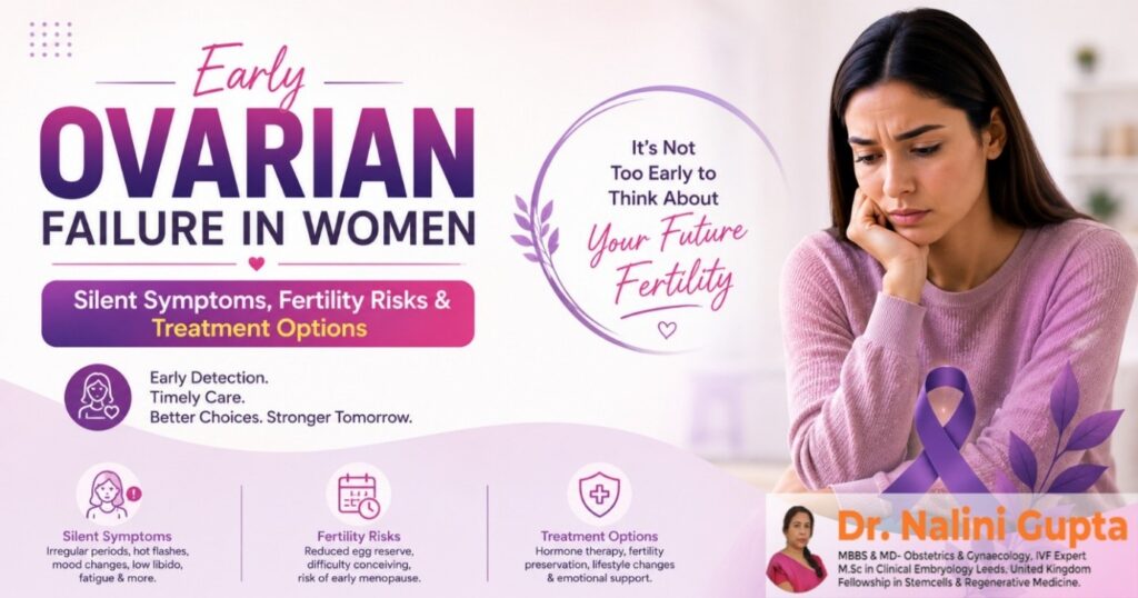 Early ovarian failure in women infographic showing silent symptoms, fertility risks, and treatment options with a concerned young woman and fertility awareness message.