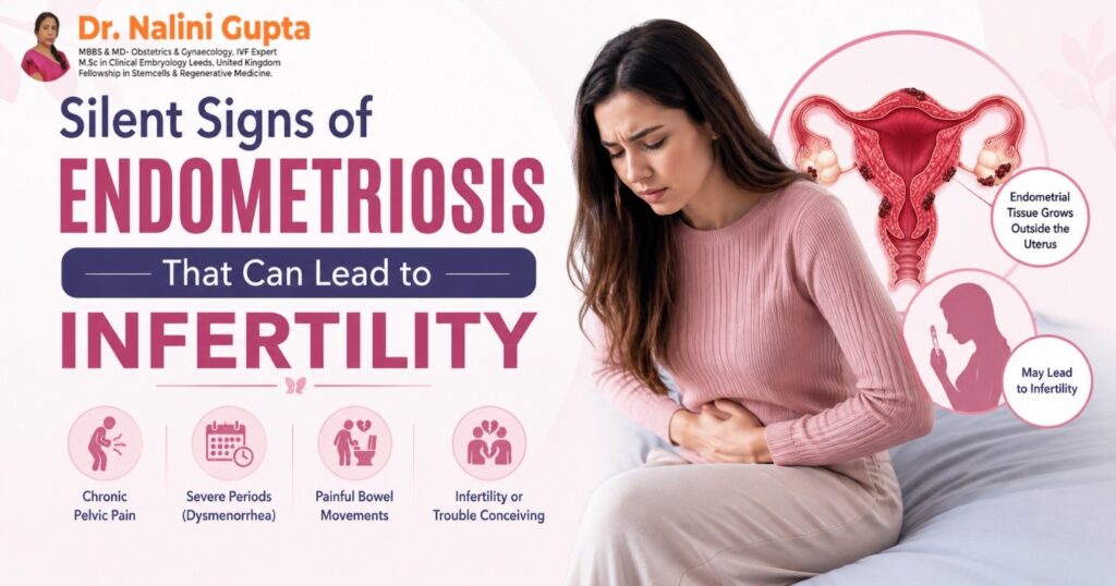 Silent signs of endometriosis that can lead to infertility, showing a woman experiencing pelvic pain with an illustration of the female reproductive system and symptoms of endometriosis.