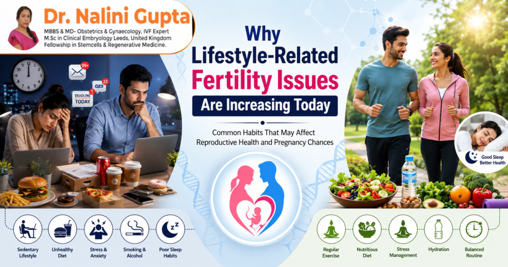 Lifestyle-related fertility issues infographic showing how stress, poor sleep, unhealthy diet, smoking, alcohol, and sedentary habits can affect reproductive health and pregnancy chances, alongside healthy lifestyle choices that support fertility.